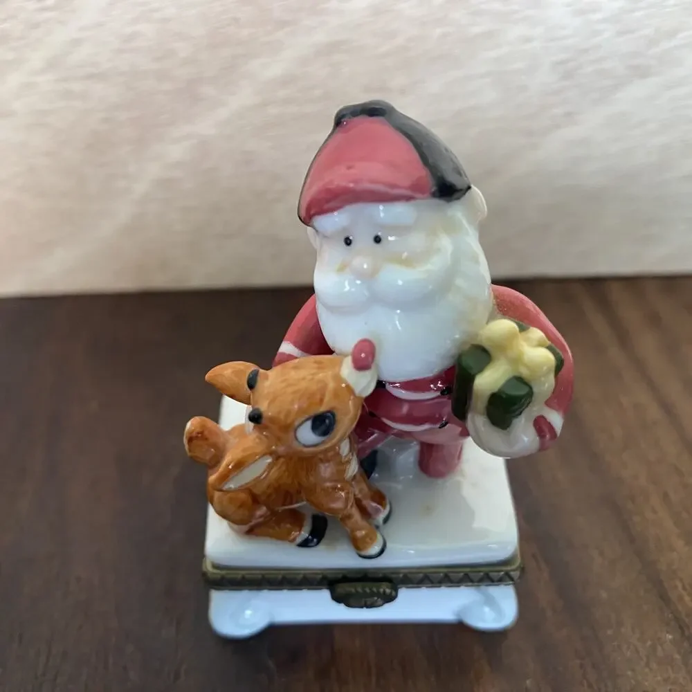 Midwest Of Cannon Falls Rudolph And Santa Trinket Box Vintage 1999 w/ Present